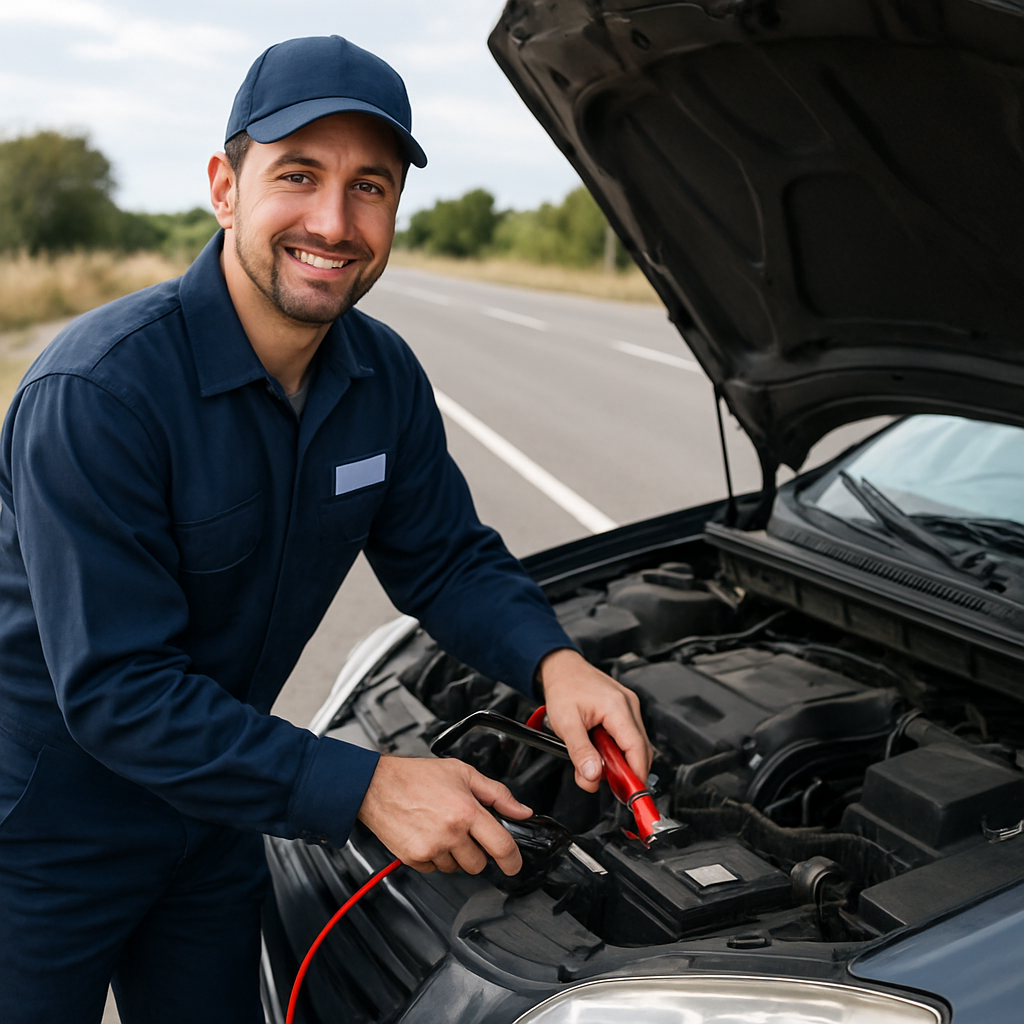 Twin Towers Roadside Assistance technician jump-starting a vehicle in the Tampa Bay area